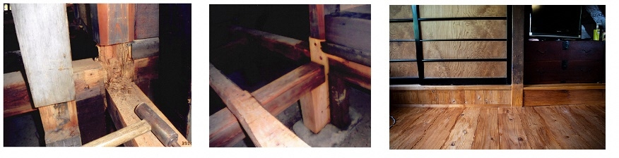 （左）柱の痛んでいる部分を取り除く　（中）新しい木材を継ぐ　（右）修復後、床も張った状態の画像