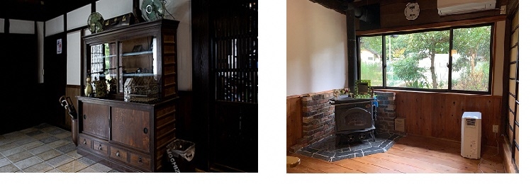 （左）玄関土間には、もともとこの家に残されていた家具が飾り棚として使われている 　（右）薪ストーブの置かれているリビング。レンガの囲いや石張りもDIYの画像